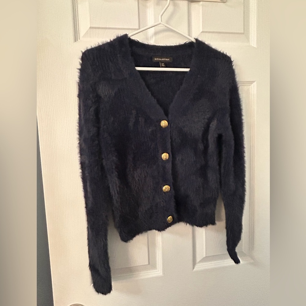 Banana Republic Dark Blue Fuzzy Cardigan with Gold Accents